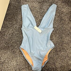 J.Crew V-Neck One-Piece Swimsuit Blue Mist BF163 New With Tags Women's Size 8